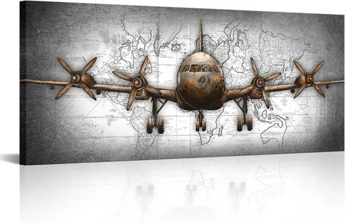KLVOS Lienzo decorativo para pared, diseño vintage de aviones sobre fondo gris, decoración de pared masculina, moderna, oficina, sala de estar,