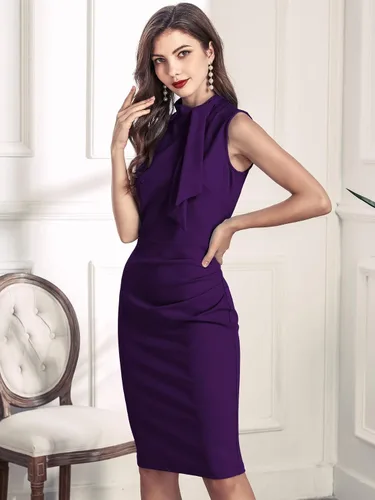 Miniatura 4 de Miusol - Vestido tubo de cóctel estilo retro de los años 1950, diseño con vuelos y medio cuello para mujer