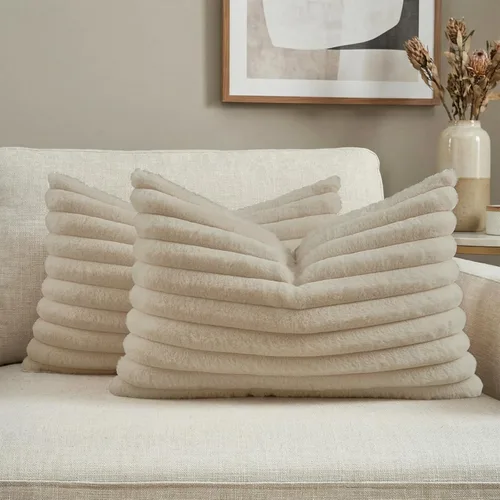 Miniatura 62 de FUTEI - Juego de 2 fundas de almohada decorativas con rayas, cuadradas, para invierno, piel sintética de conejo suave y acogedora y respaldo