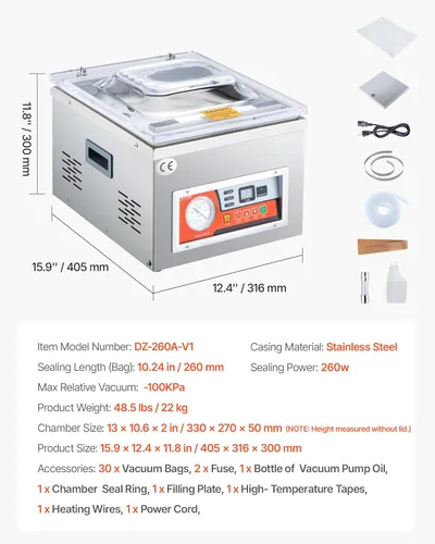 Miniatura 7 de VEVOR Sellador al Vacío de Cámara, DZ-260A velocidad de bomba de 6.5 cbm/h, excelente efecto de sellado con control automático, máquina de envasado