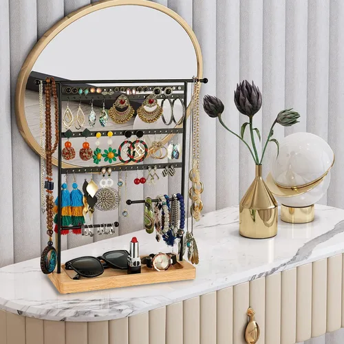 Miniatura 7 de Bielebbi Organizador de aretes, soporte para pendientes y soporte para joyas con soporte para collar de 4 niveles, bandeja de madera adecuada