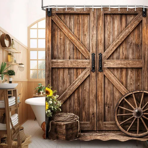 Miniatura 19 de Cortina de ducha de puerta de granero de madera rústica, 60 x 70 pulgadas, beige
