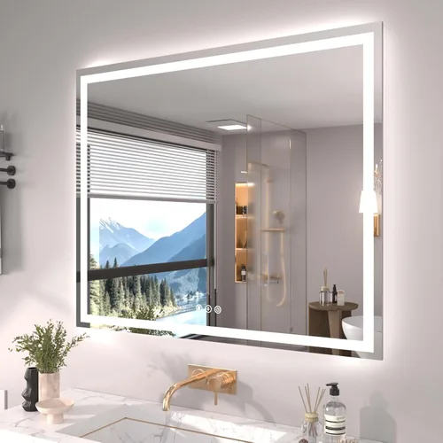 Miniatura 55 de Snowdool Espejo LED de baño, 32 x 32 pulgadas con luz frontal y retroiluminada, antivaho, espejo de tocador de baño para pared, función de memoria