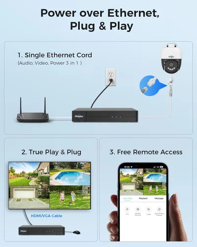 Miniatura 8 de 【4K HD + vista de 360°】 Sistema de cámara de seguridad Hiseeu 4K PoE, 6 cámaras de seguridad con cable PTZ de 8MP para exteriores e interiores
