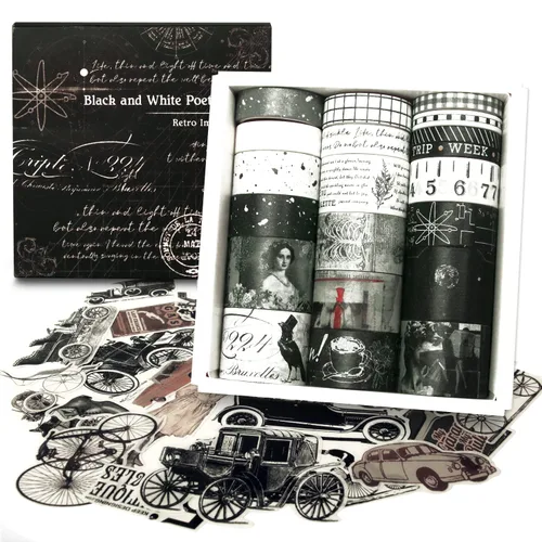 Miniatura 7 de Juego de 20 rollos de cinta washi vintage y 30 calcomanías retro negras, cinta adhesiva estética floral ancha para suministros de álbumes