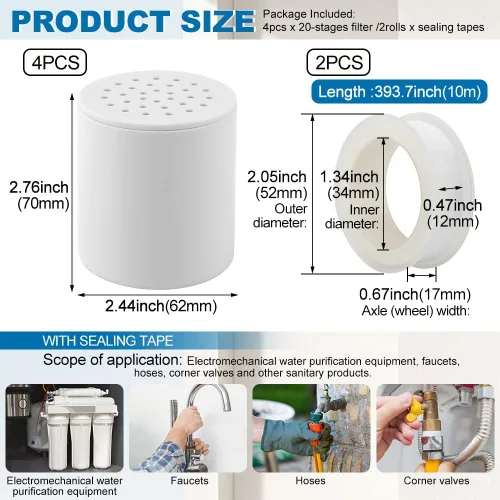 Miniatura 3 de Paquete de 4 filtros de cabezal de ducha de 20 etapas, cartucho de repuesto universal con cintas de sellado para suavizar el agua, eliminar metales