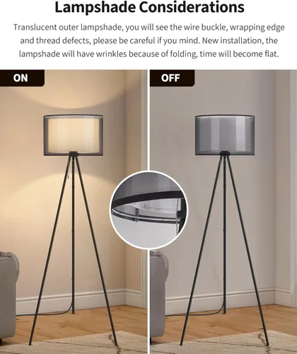 Miniatura 4 de KDG Lámpara de pie moderna, lámpara de trípode alta para sala de estar, dormitorio, oficina; pantalla de tela, bombilla LED, luz cálida (negro)