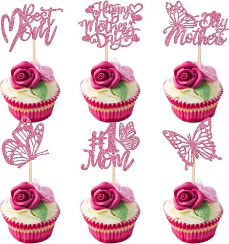 Miniatura 25 de Rsstarxi Paquete de 30 adornos dorados para cupcakes para el Día de la Madre con purpurina para el Día de la Madre, la mejor mamá del mundo