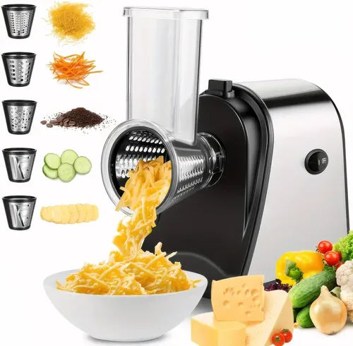 Rallador eléctrico de queso, máquina de ensalada con 5 cuchillas diferentes, trituradora eléctrica de 250 W para uso en la cocina del hogar,