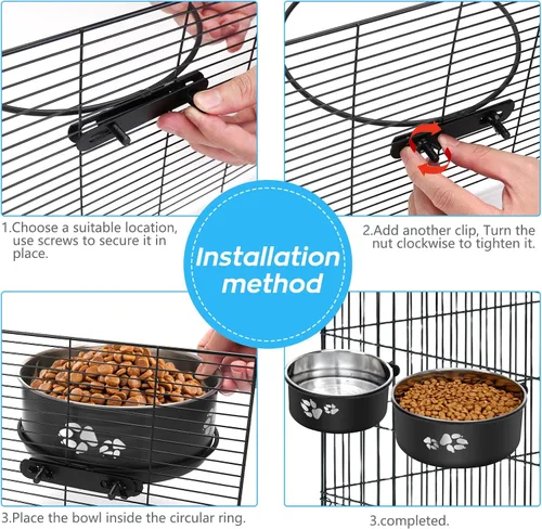 Miniatura 6 de Cuenco de agua para perrera, caja de acero inoxidable para perros, tazón de agua sin derrames, paquete de 2 cuencos colgantes para jaula de perrera