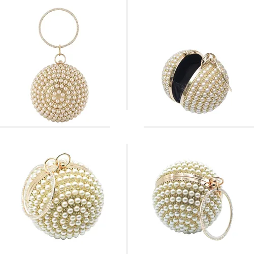 Miniatura 7 de Bolso de mano redondo para mujer, con diamantes de imitación, bolso de noche con cuentas de perlas