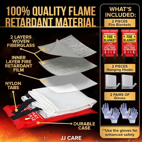 Miniatura 2 de JJ CARE Manta contra incendios – 2 paquetes con ganchos y guantes – Manta de emergencia contra incendios para el hogar y la cocina, mantas