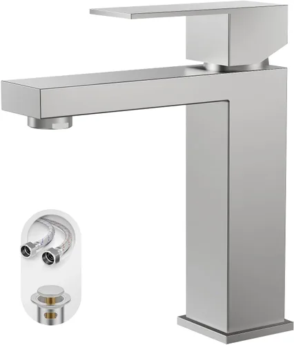 Miniatura 11 de Phiestina Grifo de tocador de baño de una sola manija cuadrada de oro cepillado con drenaje desplegable de metal con placa de cubierta, línea