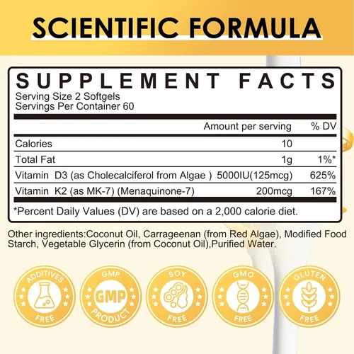 Miniatura 2 de Suplemento de Vitamina D3 K2 con Vitamina D3 5000 UI, 200 mcg de Vitamina K2 MK-7 y Aceite de Coco Natural, Fórmula 2-1 a Base de Plantas
