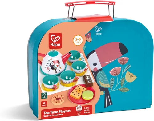 Miniatura 7 de Hape Juego de té para niñas y niños pequeños, juego de fiesta de té de lata de 18 piezas con funda de transporte de tucán, tetera de juguete