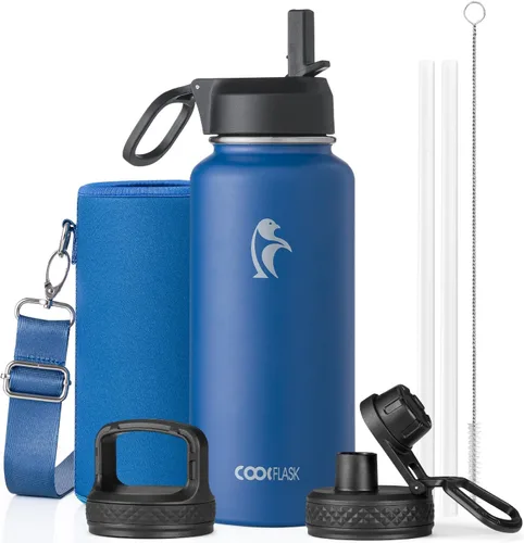 Miniatura 73 de Coolflask Botella de agua de 20 onzas aislada con pajilla, 3 tapas de metal de acero inoxidable, botella de agua de boca ancha para deportes u
