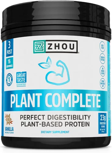 Zhou Nutrition Proteína vegana en polvo a base de plantas, mejor puntuación de digestión de absorción, perfil completo de aminoácidos, sin lácteos,