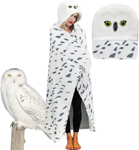 Miniatura 9 de Manta con capucha, diseño de búho nevado con guantes, regalo de búho súper suave para adultos y niños, cumpleaños