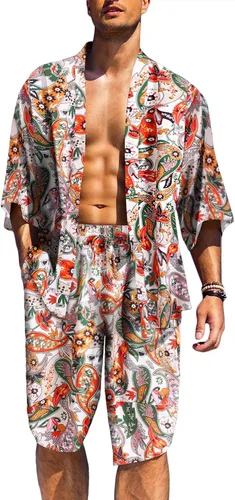 COOFANDY Conjunto de 2 piezas de bata tipo kimono para hombre, frente abierto, estilo cardiano, japonés, harén, pantalones cortos capri para playa,