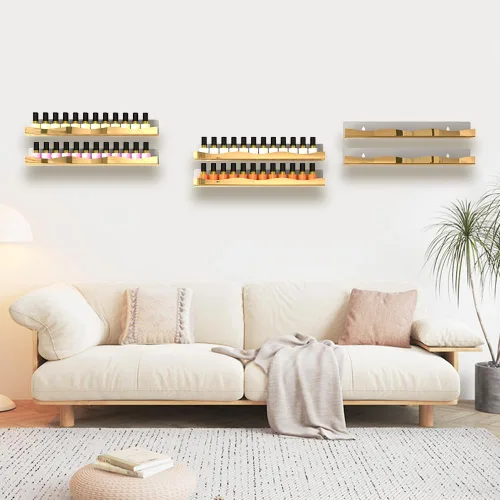 Miniatura 8 de YMVV Estantes de esmalte de uñas montados en la pared, estante organizador de esmalte de uñas con acabado de espejo dorado de 5 pulgadas, estante