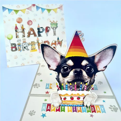 Miniatura 3 de DongNaiWin Tarjetas desplegables divertidas de cumpleaños 3D de Chihuahua negro, tarjetas emergentes de cumpleaños 3D de Chihuahua, tarjetas
