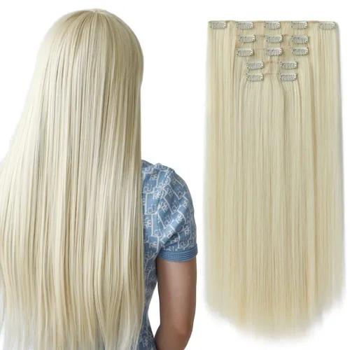 Miniatura 52 de Extensiones de cabello negro lacio, 2 juegos de extensiones de cabello con clip para mujeres, Halloween, 5 piezas de 22 pulgadas, piezas de cabello