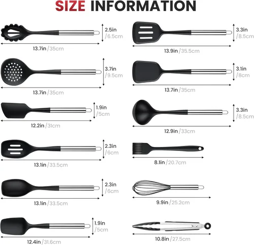 Miniatura 3 de 12PCS Kitchen Utensil Set, Silicone Cooking Tools with Stainless Steel Handle, BPA Free Spatula Spoon Ladle Set, Heat Resistant and Non-Scratch for