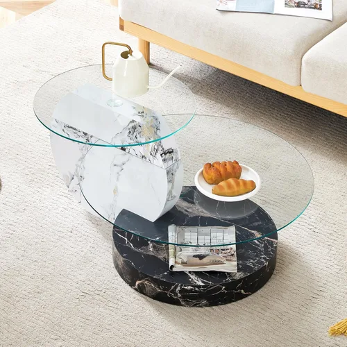 Miniatura 8 de Mesa de centro de vidrio de 35.4 pulgadas, mesa de centro redonda pequeña, mesa de vidrio templado de 2 niveles con base de madera, mesa central