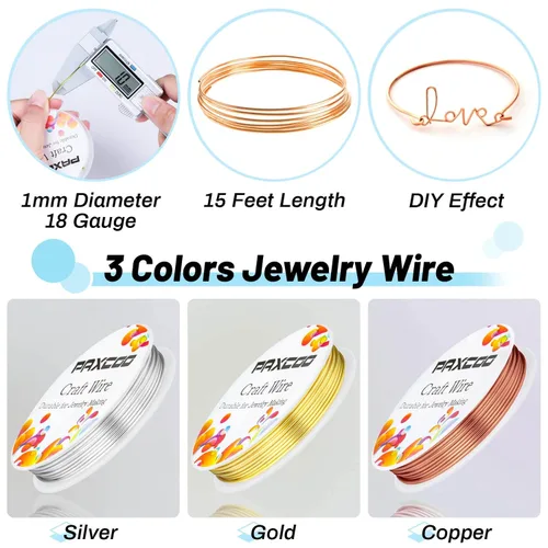 Miniatura 4 de Paxcoo Paquete de 3 alambres de joyería para manualidades, calibre 18, resistentes al deslustre, para suministros de fabricación de joyas