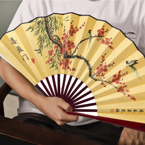 Miniatura 6 de Fox Baby Abanico de mano plegable, 13 pulgadas de tela de bambú grandes ventiladores de mano con pintura tradicional china para decoraciones