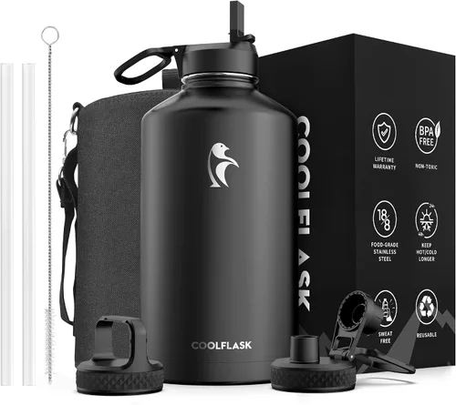 Miniatura 81 de Coolflask Botella de agua de 20 onzas aislada con pajilla, 3 tapas de metal de acero inoxidable, botella de agua de boca ancha para deportes u