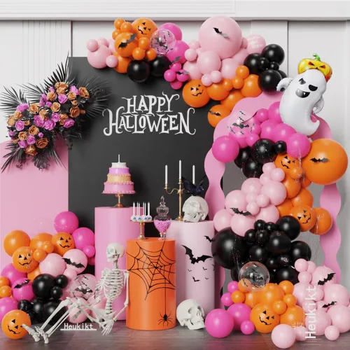 Miniatura 8 de Kit de arco de guirnalda de globos de Halloween Little BOO, 151 piezas de globos de látex blanco retro naranja quemado negro con globo de aluminio