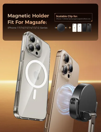 Miniatura 8 de MAGIC JOHN Soporte de coche MagSafe [20 imanes N55 y brazo de clip] Soporte magnético ajustable de 360° para teléfono de automóvil, soportes