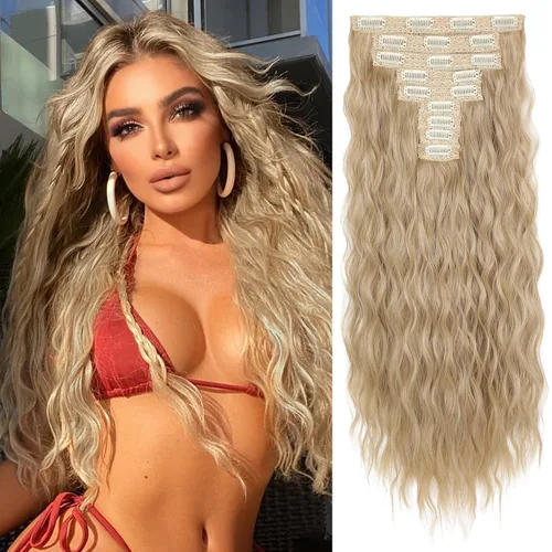 Miniatura 15 de REECHO Extensiones de cabello con clip, 5 piezas, de 24 pulgadas, de color rubio ceniza, extensiones de cabello con ondas largas y sueltas, HE002