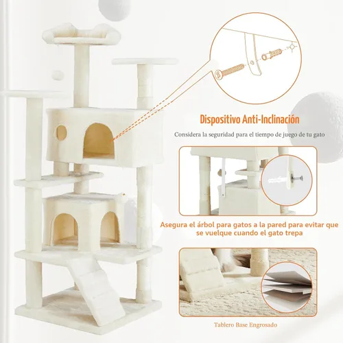 Miniatura 6 de Sweetcrispy Torre de árbol para gatos de 54 pulgadas, torre de varios niveles con poste rascador para gatos, condominio interior para gatos con Gris