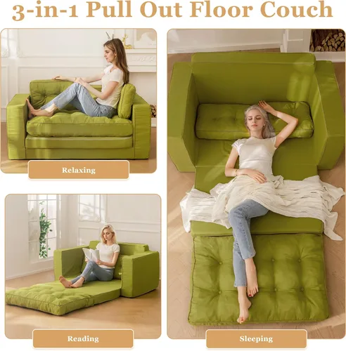 Miniatura 5 de YOSHOOT Sofá Cama Loveseat, Sofá Convertible de 55" Sofá Cama Sillón Futón para Sala de Estar, Sofá de Piso Extraíble 3 en 1 con Respaldo y verde