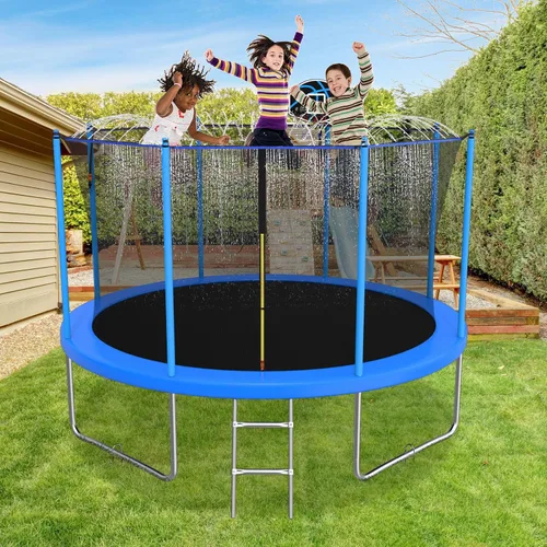 Miniatura 8 de ACWARM HOME Trampolín para exteriores de 10/12/14 pies para niños y adultos, trampolín con aro de baloncesto y rociador, antioxidante, aprobado por