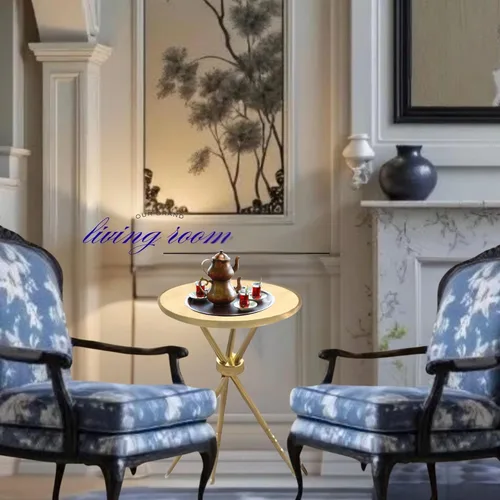 Miniatura 2 de Moderna mesa auxiliar redonda pequeña, mesa auxiliar de acero inoxidable con 3 patas doradas, elegante y ligera parte superior de mármol sintético