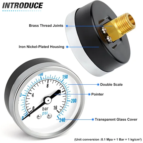 Miniatura 4 de MEANLIN MEASURE Medidor de presión en seco de 0 ~ 240Psi Hierro Niquelado 1/4 "NPT 2" Face Dial WOG Agua Aceite Aire Centro Montaje Trasero
