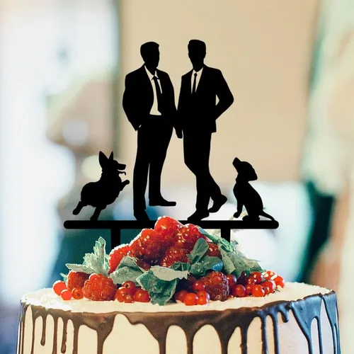 Decoración rústica para tartas de boda del mismo sexo, silueta de novios, decoración para tartas de boda con Rottweiler y Basset Hound Novio y Novio