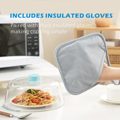 Miniatura 10 de Tapa alta de vidrio para microondas contra salpicaduras para alimentos con orificio de ventilación 100% segura para alimentos, tapa protectora