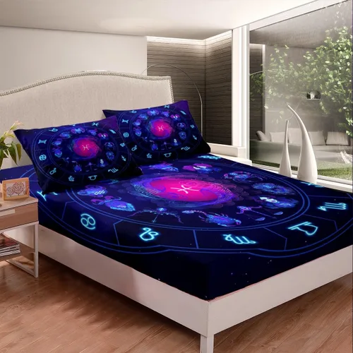 Miniatura 2 de Erosebridal Piscis - Juego de sábanas bajeras tamaño individual, diseño de constelación 3D, juego de sábanas moradas de galaxia para niños, jóvenes