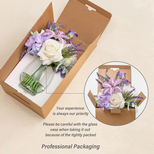Miniatura 6 de WELL KNOWN Flores falsas en jarrón, flores artificiales con agua falsa, rosa de seda sintética de tacto real y tulipanes florecientes, flor