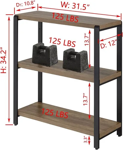 Miniatura 2 de FOLUBAN Estantería de 3 niveles, estantería industrial y estantes para libros, para dormitorio, madera rústica y metal, para oficina, roble