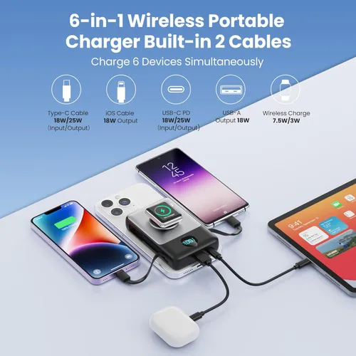 Miniatura 3 de Cargador portátil magnético de 10800 mAh para iPhone con cables integrados, cargador de batería inalámbrico 6 en 1 con cargador iWatch, pantalla LCD