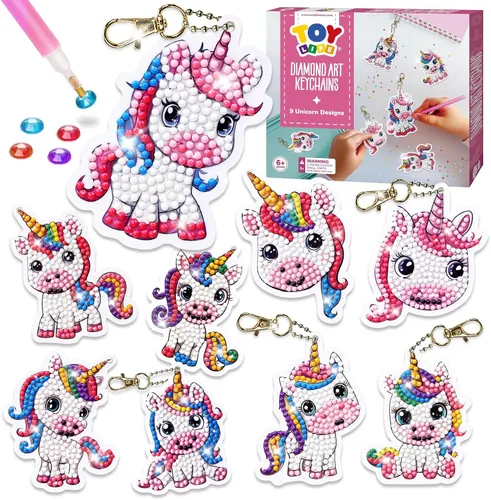 TOY Life Kits de Arte de Diamantes para Niños, 9 Piezas Kits de Pintura de Diamantes de Unicornio DIY Llaveros para Niñas, Arte de Puntos de