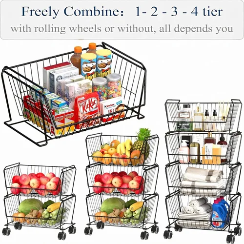 Miniatura 5 de PUSDON Cestas de almacenamiento de metal apilables de 4 niveles, estante antióxido para frutas y verduras, estante de doble uso para cocina, hogar