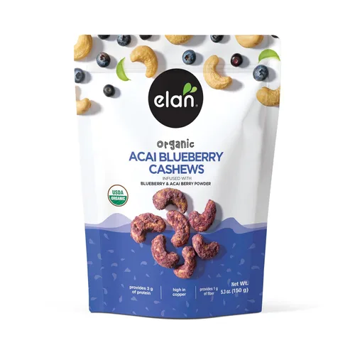 Elan Anacardos Orgánicos de Acai y Arándano, 5.3 oz, Sin OGM, Veganos, Sin Gluten, Kosher, Nueces Glaseadas (Anacardos Tostados, Polvo de Bayas de