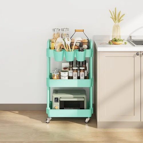 Miniatura 3 de UDEAR Carrito utilitario rodante de 3 niveles, estantes de almacenamiento multifuncionales con asa y ruedas con cerradura para habitación, oficina
