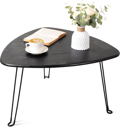 Miniatura 4 de Mesa de centro plegable negra de madera triangular para sentarse en el suelo, mesas auxiliares pequeñas ovaladas, mesa de centro moderna de mediados